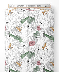 Tissu - Lémuriens et perroquets colorés