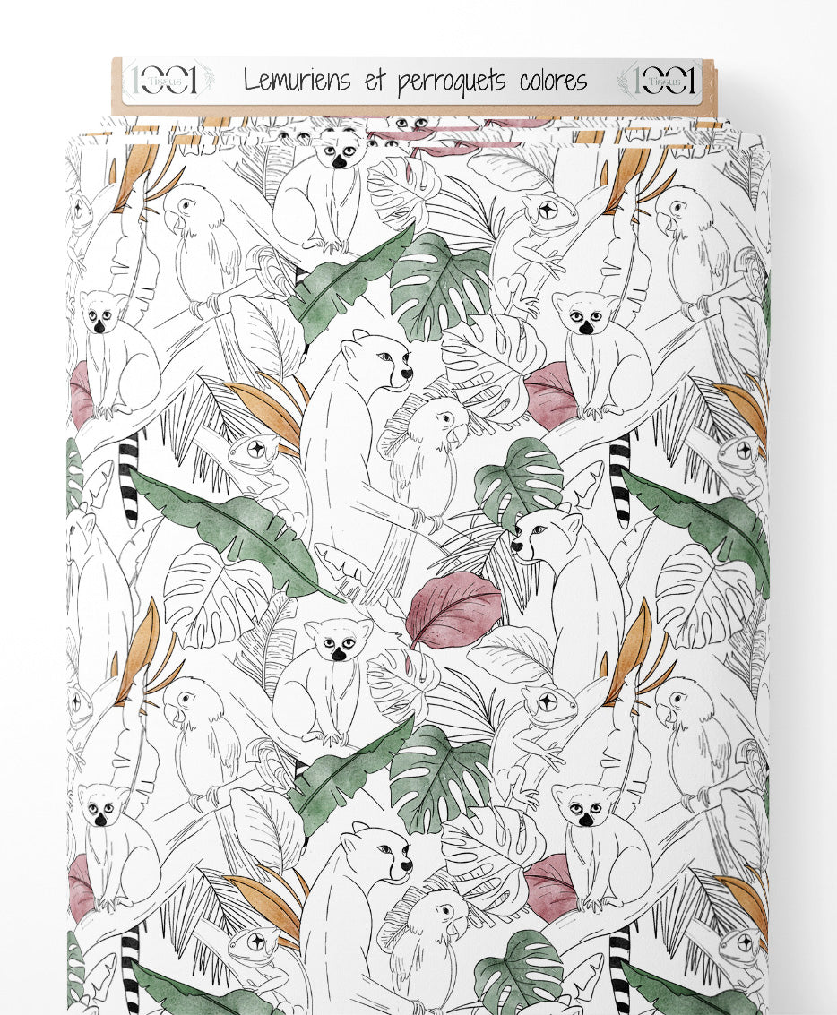 Tissu - Lémuriens et perroquets colorés