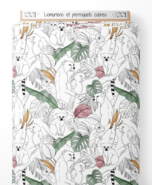 Tissu - Lémuriens et perroquets colorés
