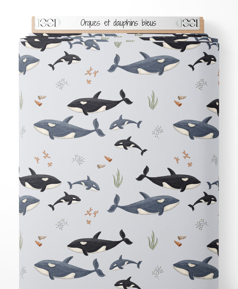 Tissu - Orques et dauphins bleus