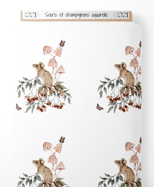 Tissu - Souris et champignons aquarelle