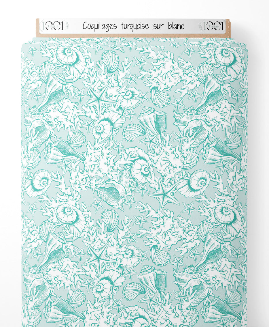 Tissu - Coquillages turquoise sur blanc