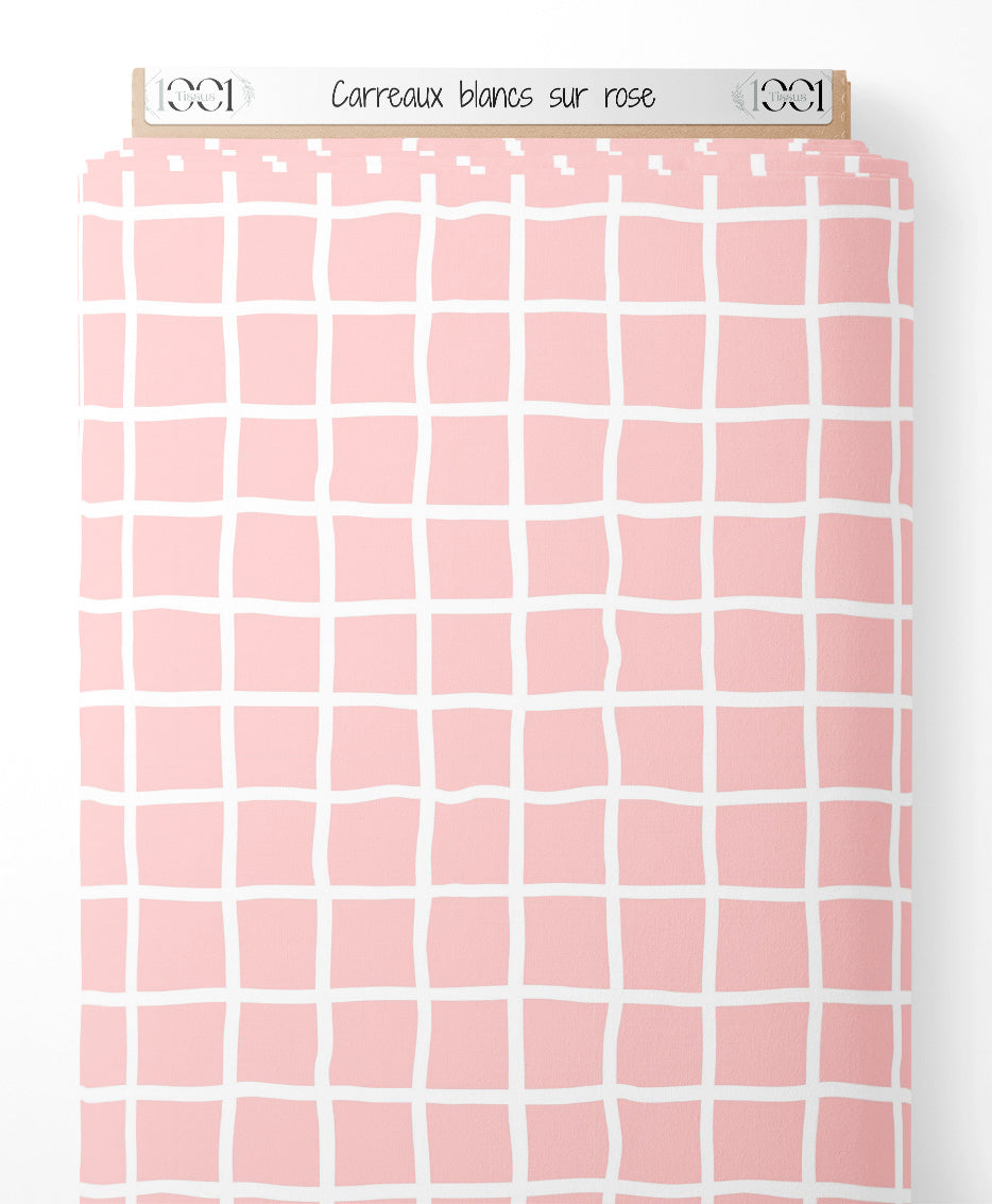 Tissu - Carreaux blancs sur rose