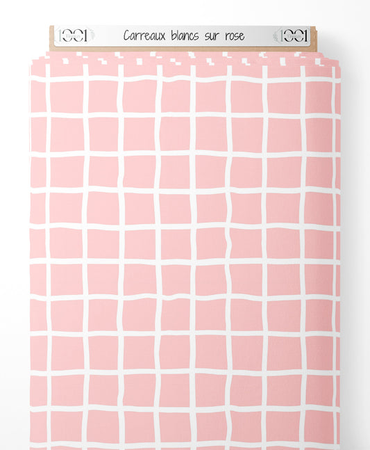 Tissu - Carreaux blancs sur rose