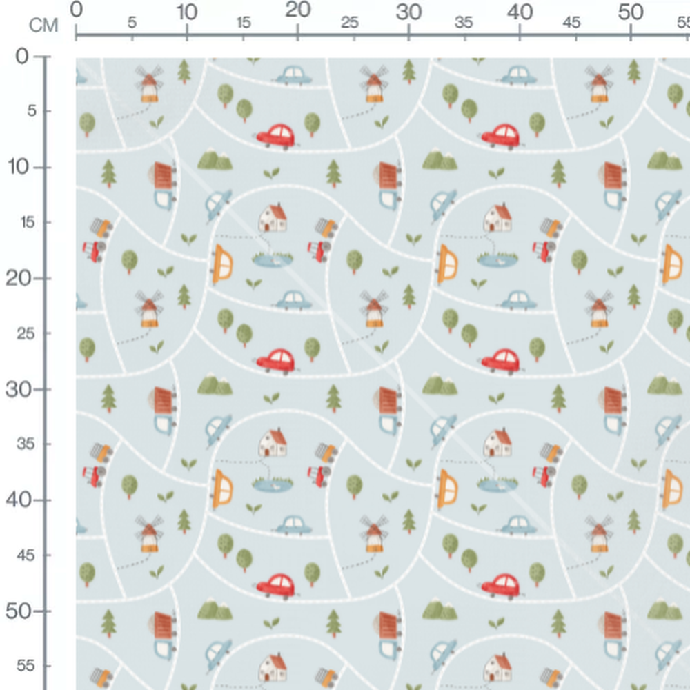 Tissu - Voitures et paysages bleus