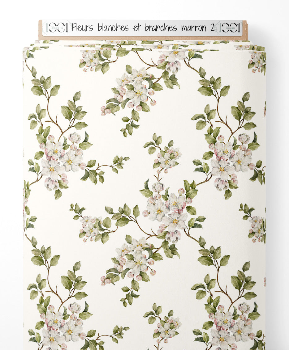 Tissu - Fleurs blanches et branches marron 2