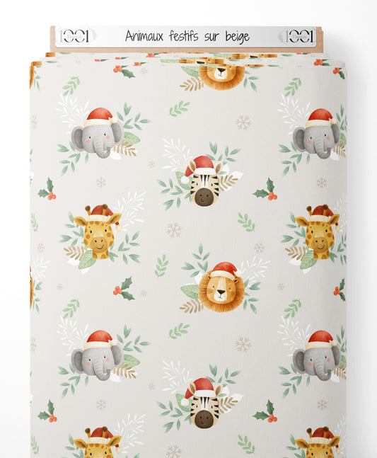 Tissu - Animaux festifs sur beige