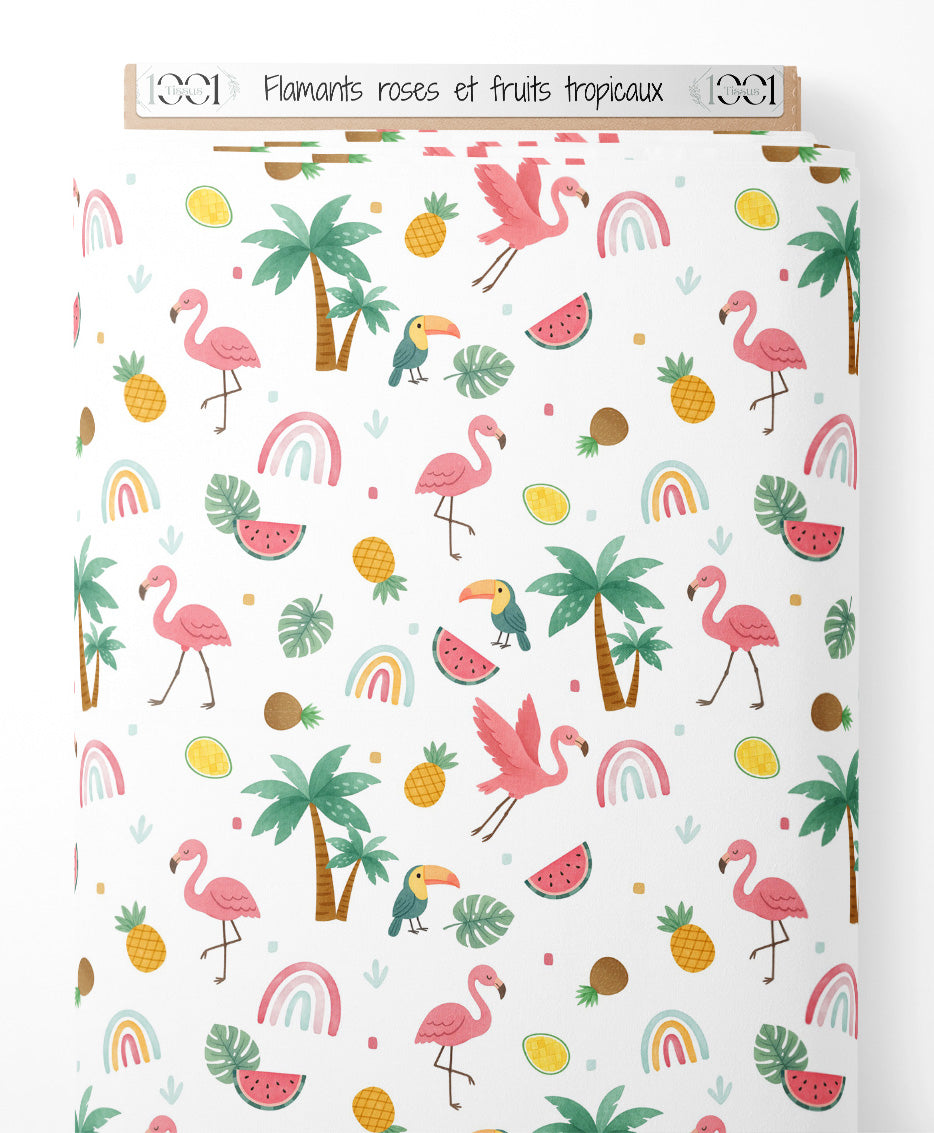 Tissu - Flamants roses et fruits tropicaux