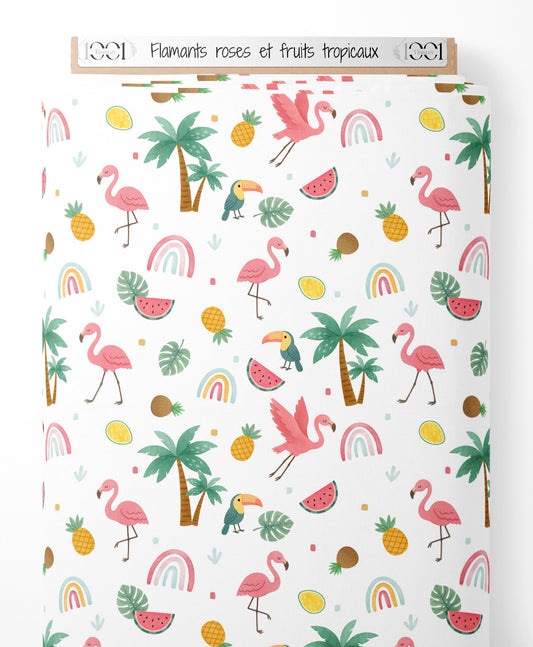 Tissu - Flamants roses et fruits tropicaux