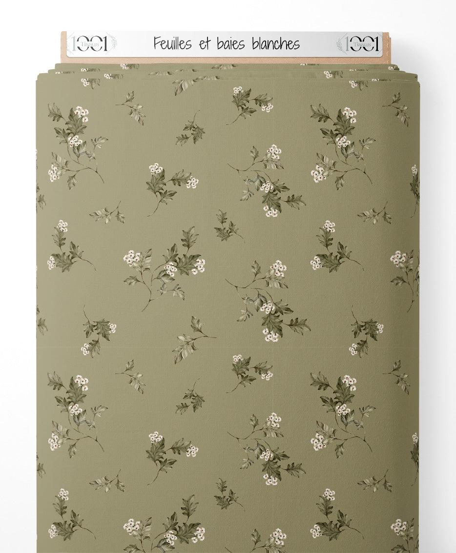 Tissu - Feuilles et baies blanches