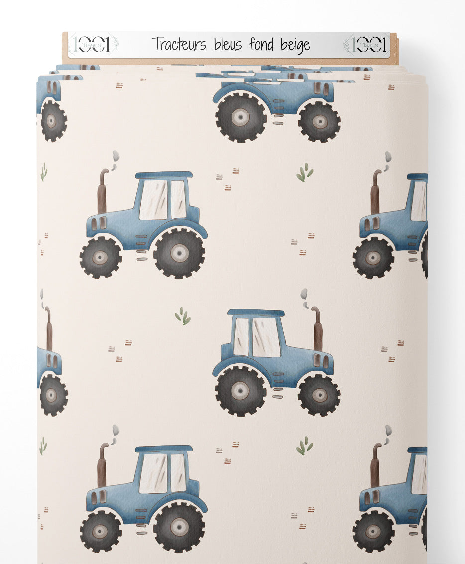 Tissu - Tracteurs bleus sur fond beige
