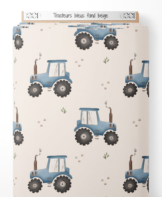 Tissu - Tracteurs bleus sur fond beige