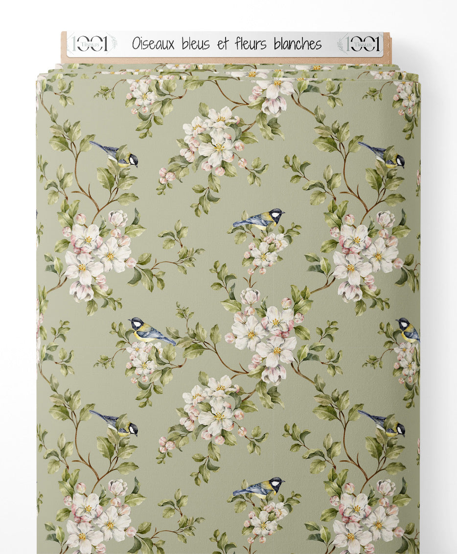 Tissu - Oiseaux bleus et fleurs blanches