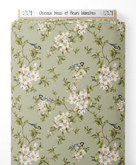 Tissu - Oiseaux bleus et fleurs blanches