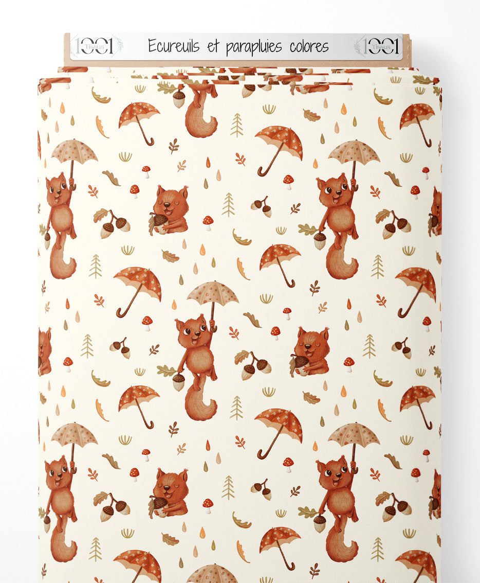 Tissu - Écureuils et parapluies colorés