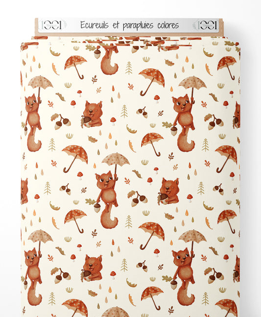 Tissu - Écureuils et parapluies colorés