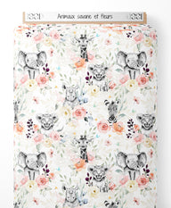 Tissu - Animaux savane et fleurs