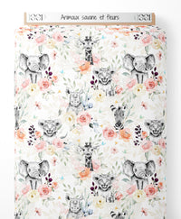 Tissu - Animaux savane et fleurs