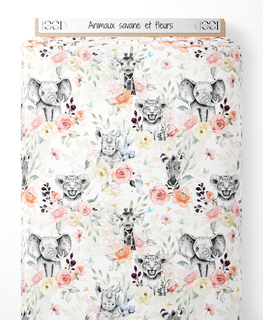 Tissu - Animaux savane et fleurs
