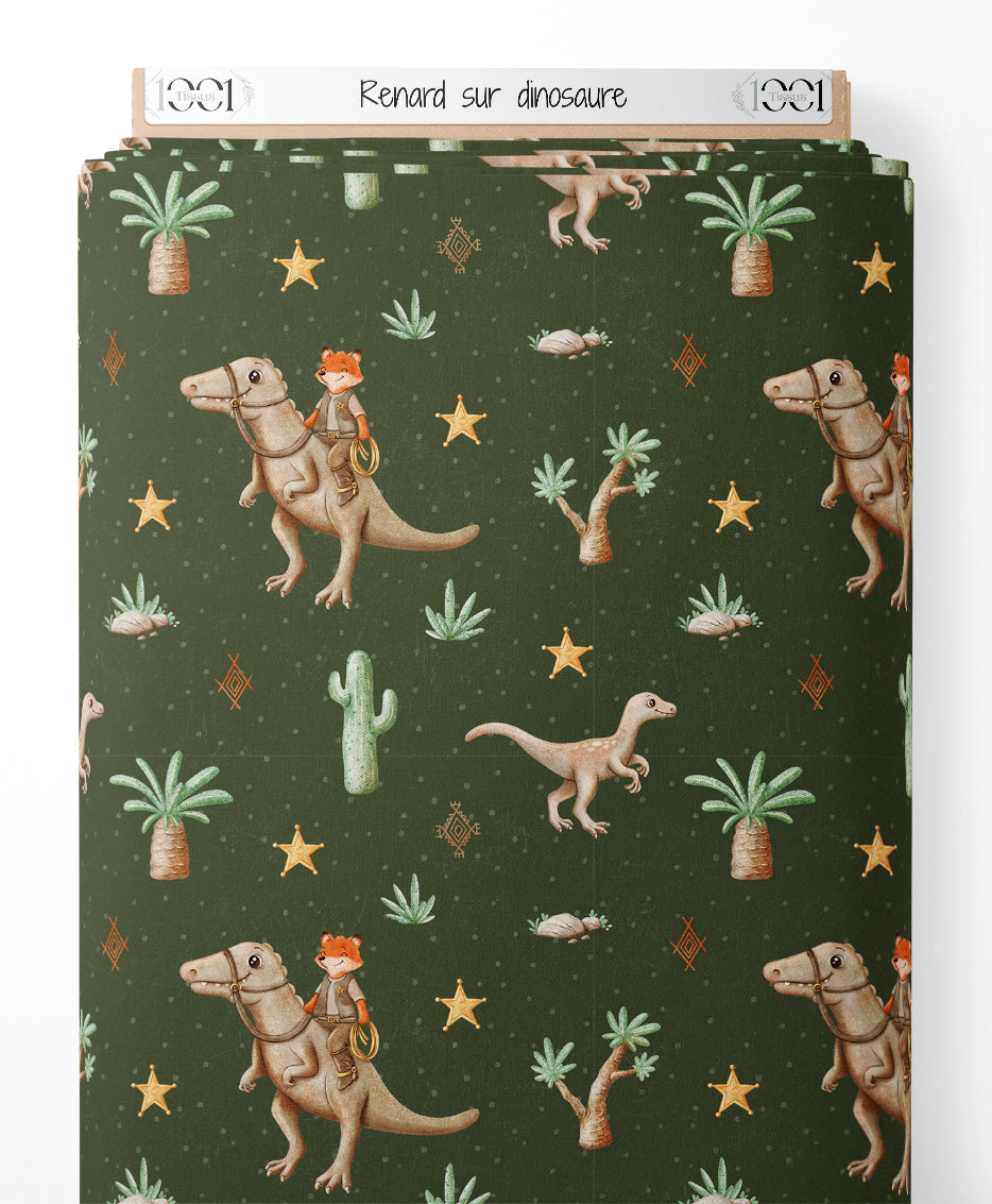 Tissu - Renard sur dinosaure