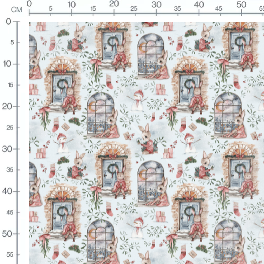 Tissu - Lapins festifs et neige