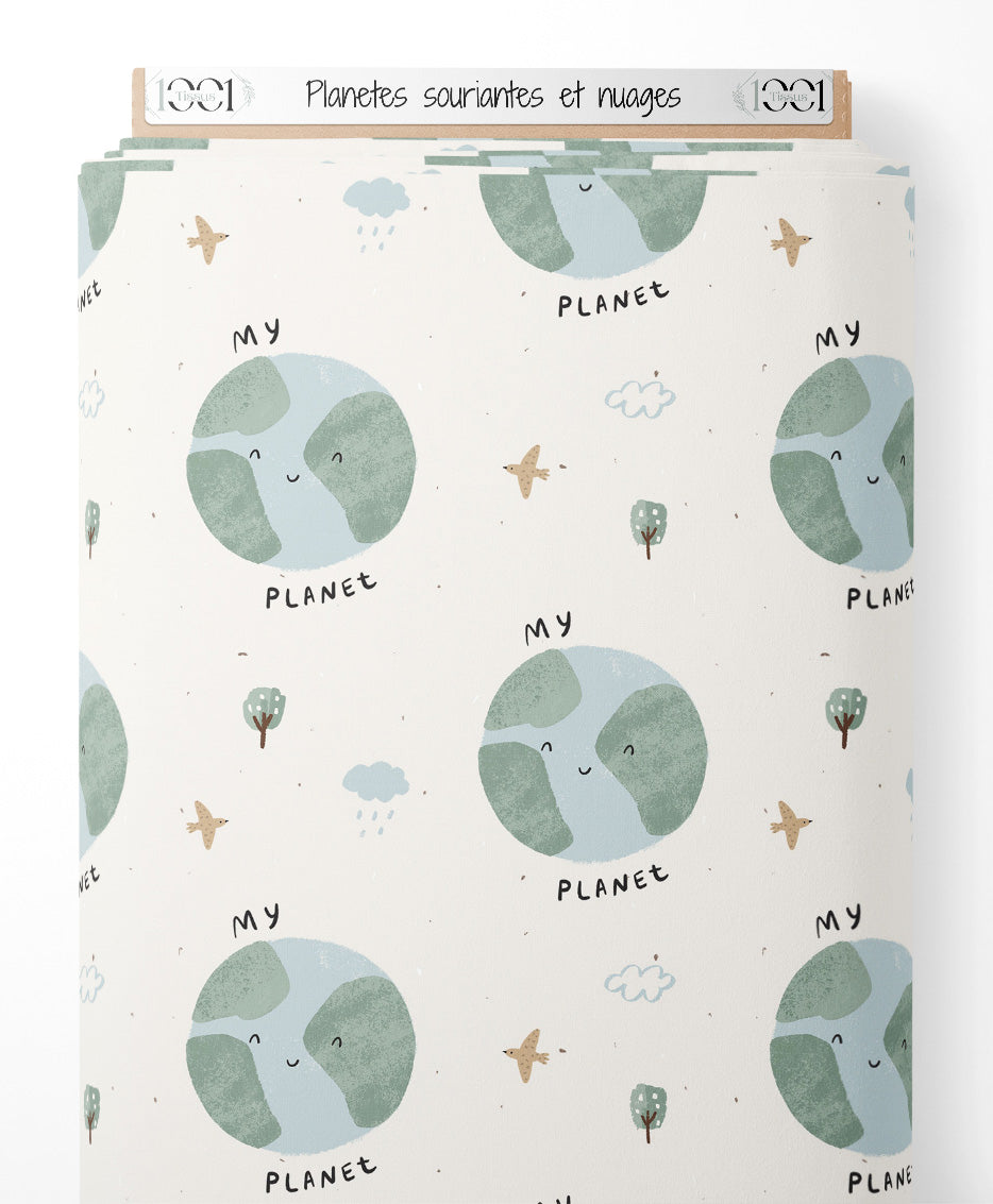 Tissu - Planètes souriantes et nuages