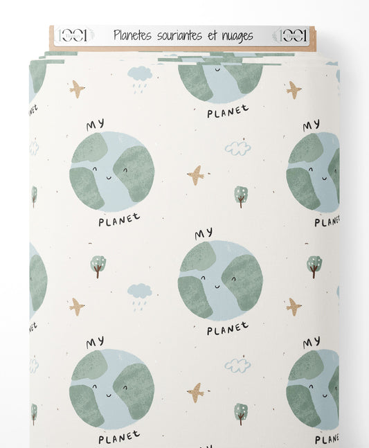 Tissu - Planètes souriantes et nuages