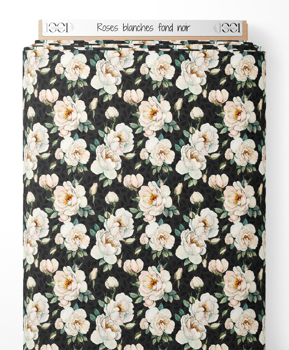 Tissu - Roses blanches sur fond noir