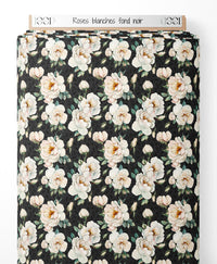 Tissu - Roses blanches sur fond noir