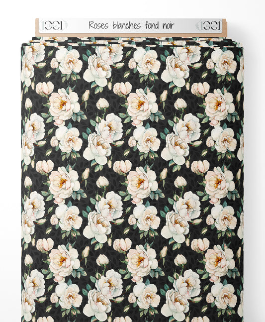 Tissu - Roses blanches sur fond noir
