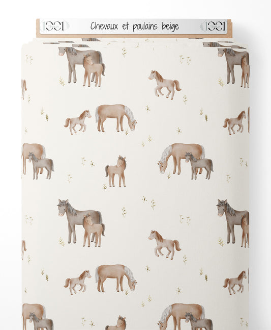 Tissu - Chevaux et poulains beige