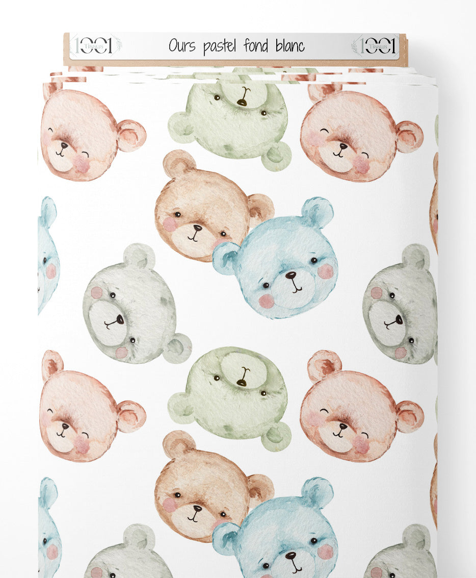 Tissu - Ours pastel sur fond blanc