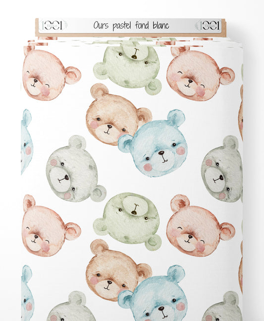 Tissu - Ours pastel sur fond blanc