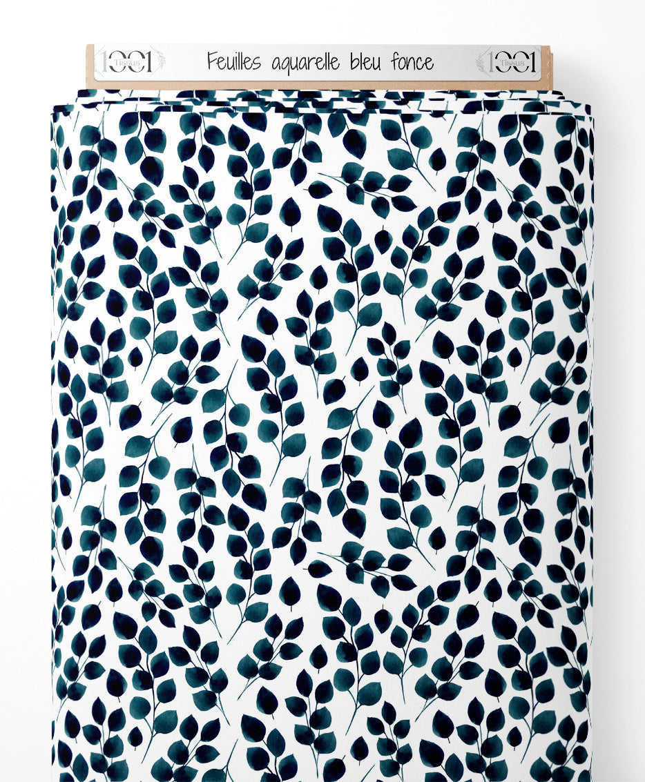 Tissu - Feuilles aquarelle bleu foncé