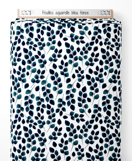 Tissu - Feuilles aquarelle bleu foncé