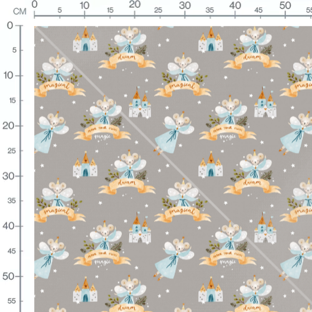 Tissu - Fées souris grises et étoiles