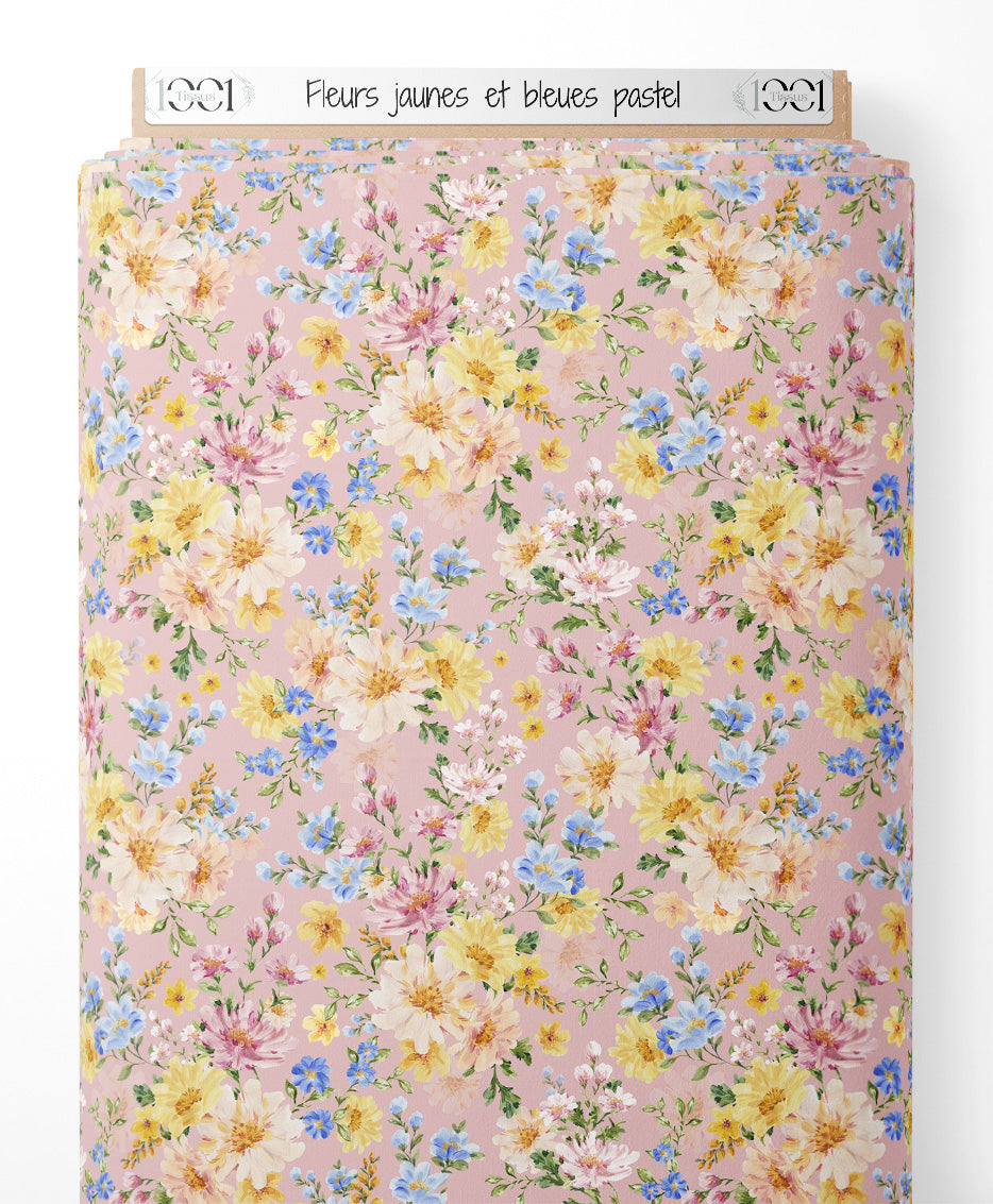 Tissu - Fleurs jaunes et bleues pastel