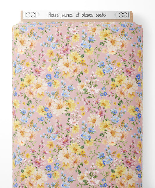Tissu - Fleurs jaunes et bleues pastel