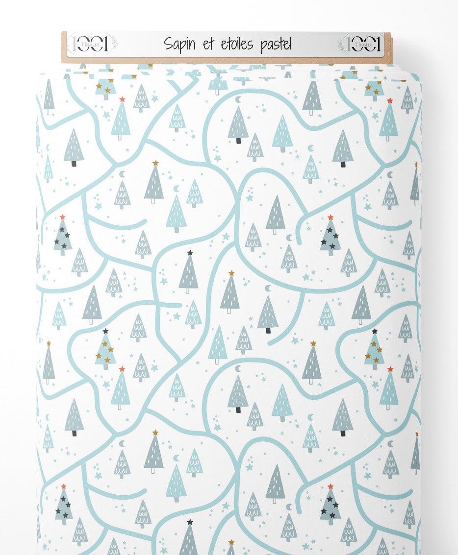Tissu - Sapin et étoiles pastel