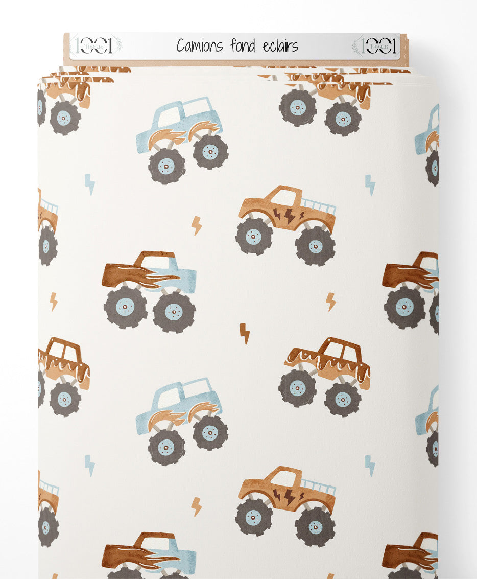 Tissu - Camions sur fond éclairs