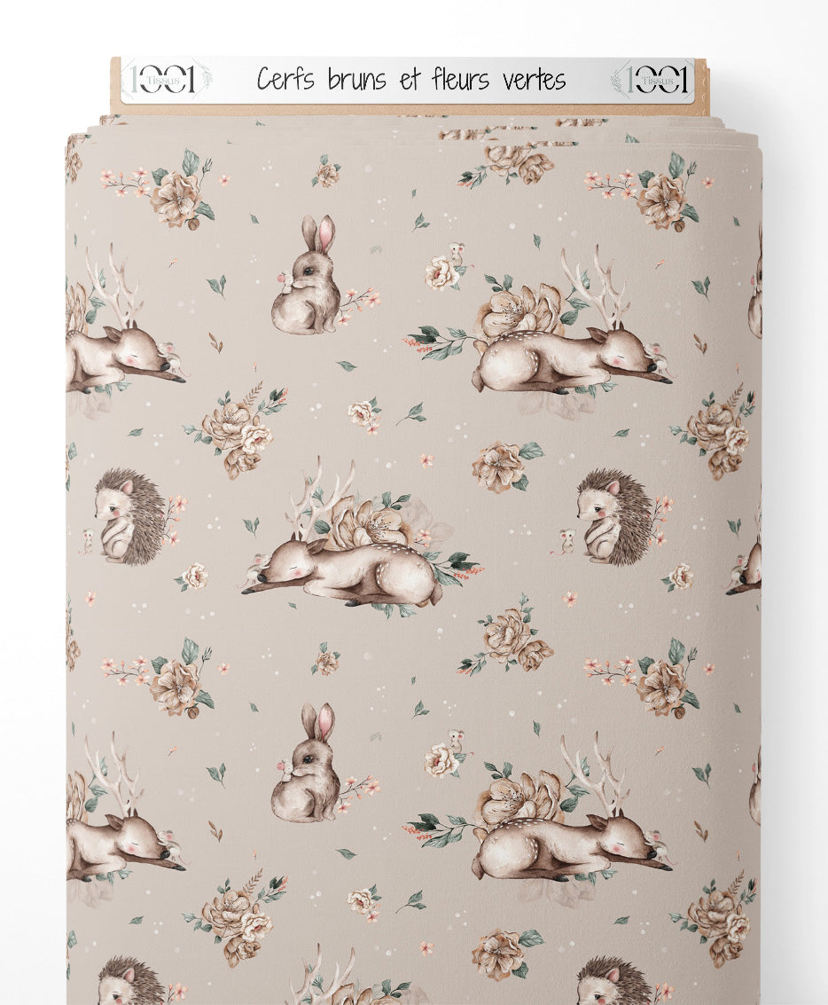 Tissu - Cerfs bruns et fleurs vertes