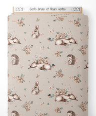 Tissu - Cerfs bruns et fleurs vertes