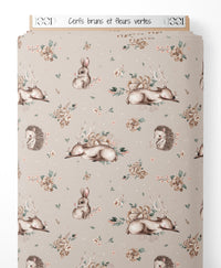 Tissu - Cerfs bruns et fleurs vertes