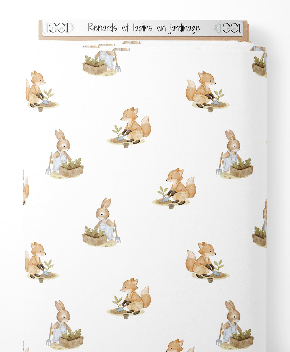 Tissu - Renards et lapins en jardinage