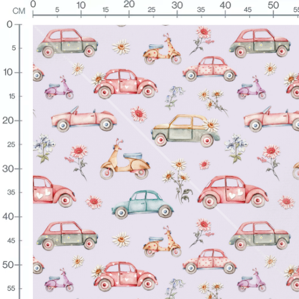 Tissu - Scooters vifs sur fond lilas