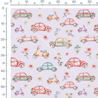 Tissu - Scooters vifs sur fond lilas