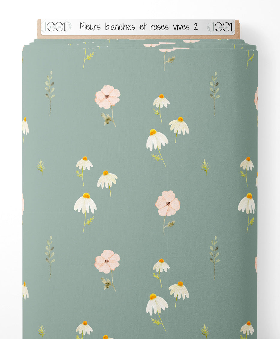 Tissu - Fleurs blanches et roses vives 2