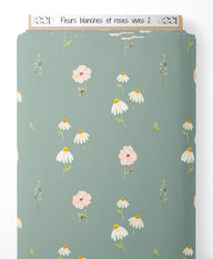 Tissu - Fleurs blanches et roses vives 2