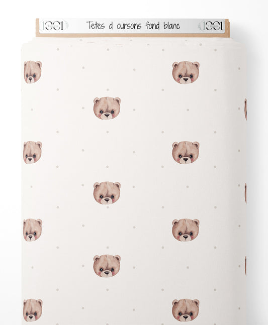 Tissu - Têtes d'oursons sur fond blanc