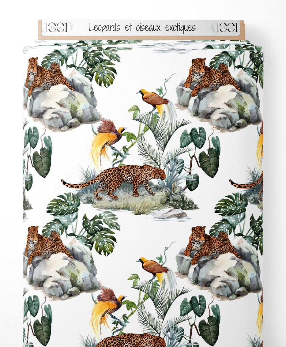 Tissu - Léopards et oiseaux exotiques